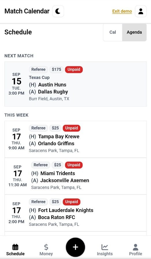 Match Calendar agenda with next match and this week