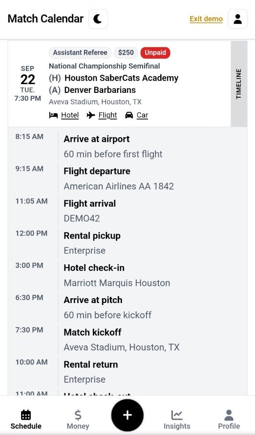 Match-day timeline with hotel, flight, and car details