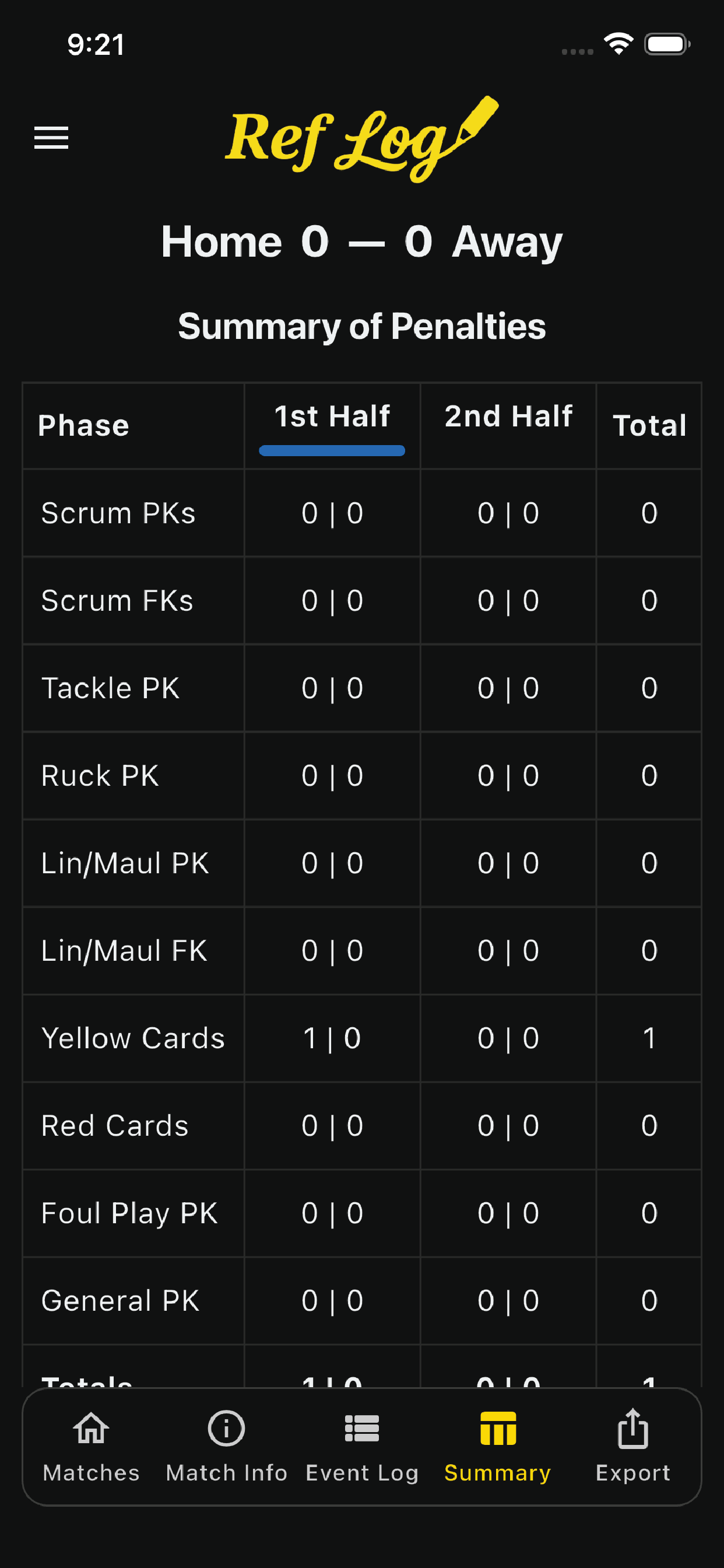 RefLog match summary in dark mode