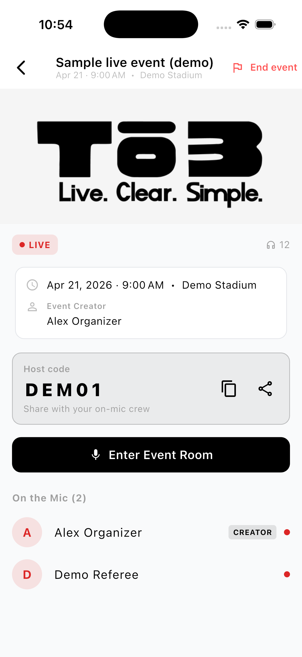 Live event host controls