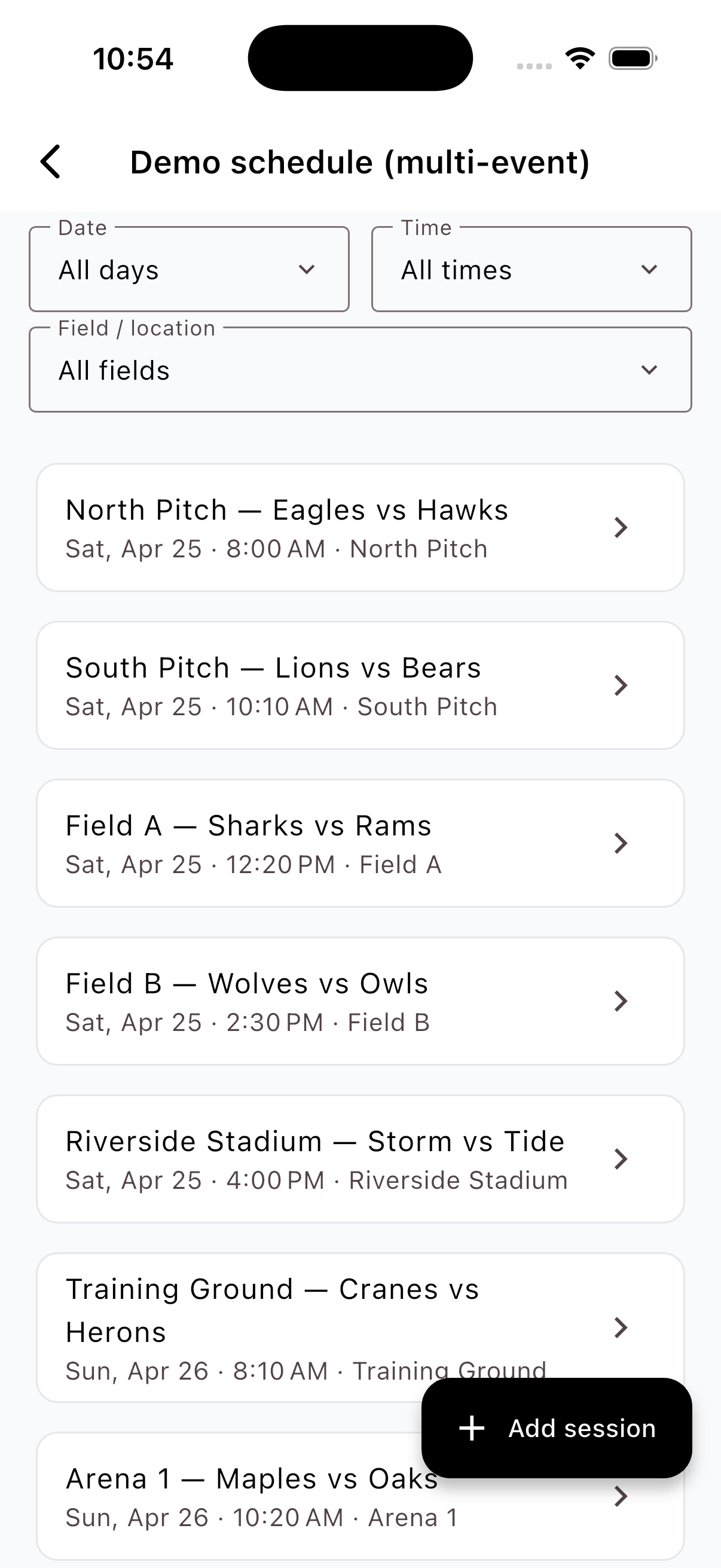 Schedule and sessions list
